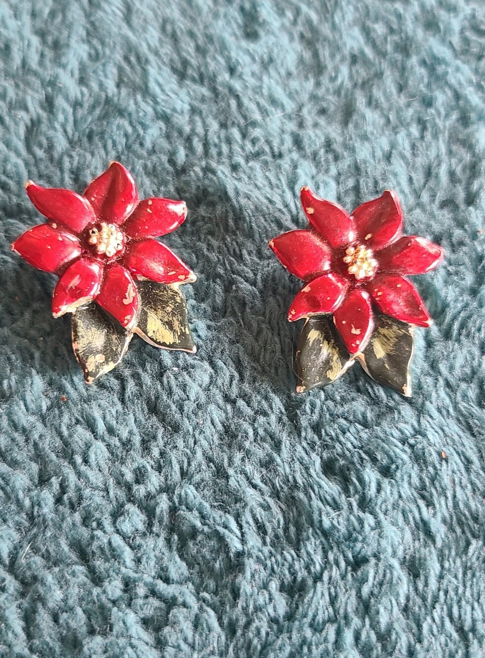 Vintage Red Floral Clip On Earrings with Green Leaves